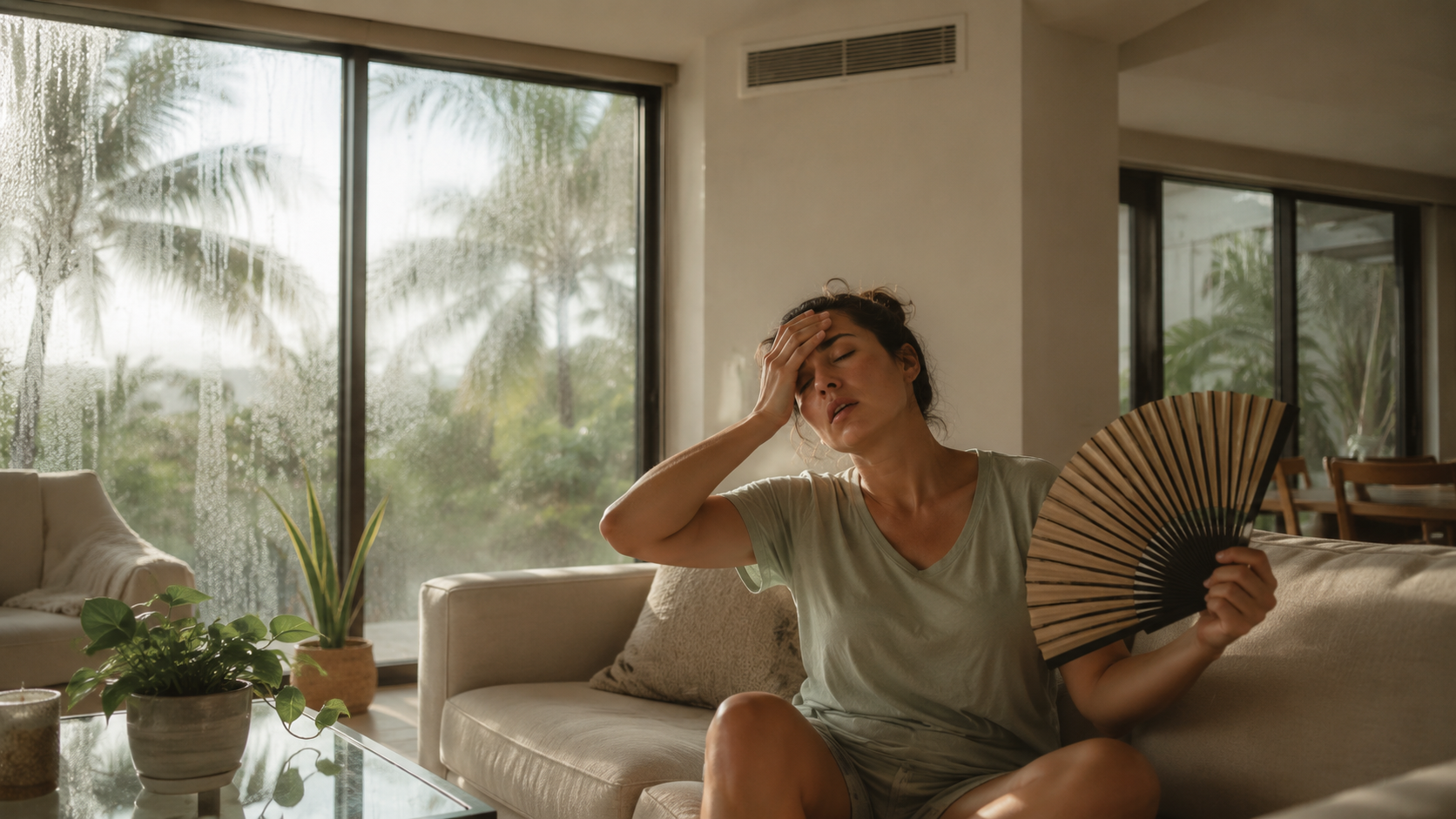 Woman fanning herself on the sofa in a humid South Florida living room with condensation on the windows and an AC vent above