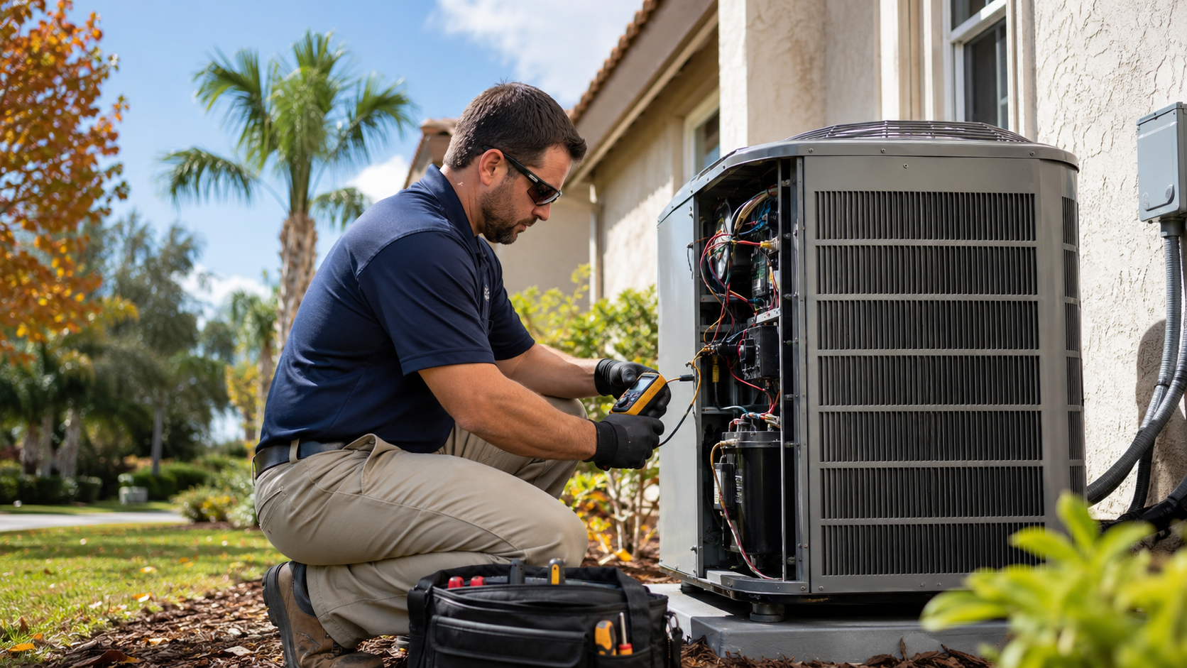 HVAC technician performing a fall maintenance tune-up on an outdoor AC condenser unit at a Florida home with palm trees and autumn leaves